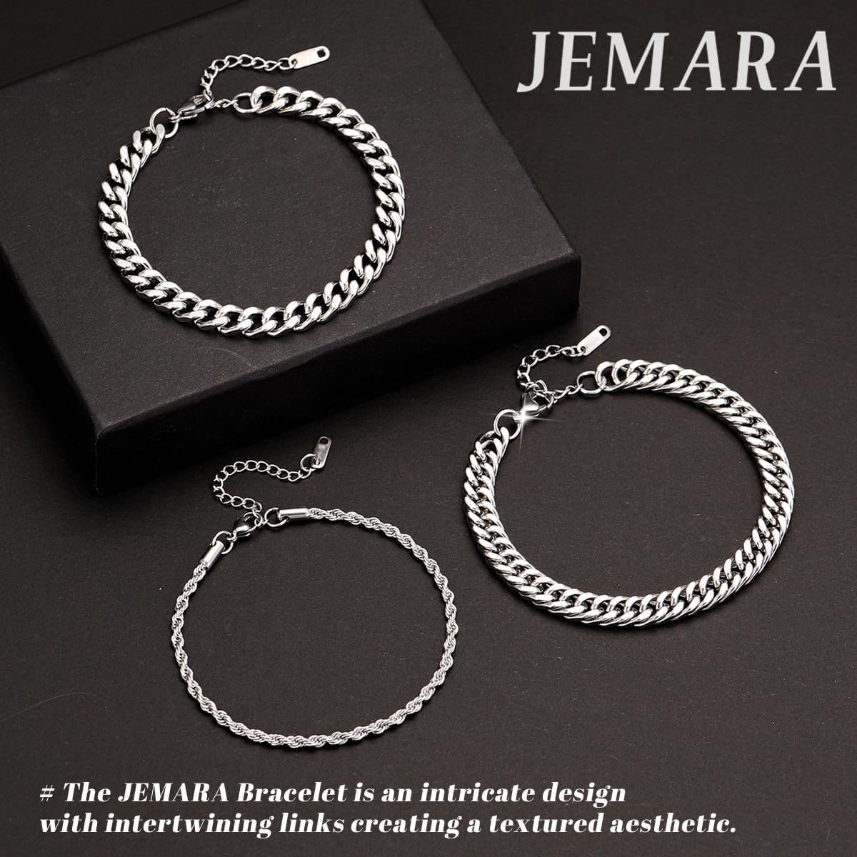 3 Stück Herren Silber Armbänder, robustes Curb Edelstahl Breite Schlangenkette Figaro Cuban Armband Set 7/7.8+1.2 Zoll verstellbares Stapel-Silberkettenarmband für Männer