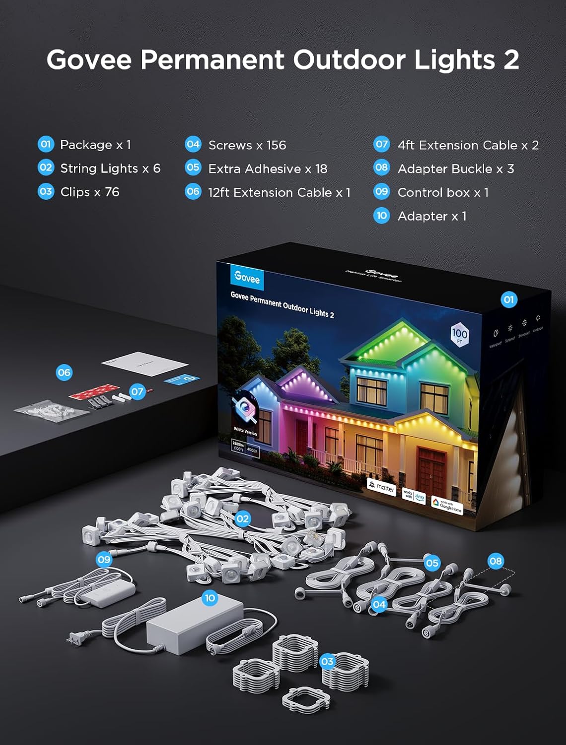 Govee Permanent Outdoor Lights 2, 100ft RGBIC Outdoor Lights with 72 LED Lights, IP67 Waterproof, 100 Scene Modes with 40lm White for Outdoor Decorations, Works with Alexa, Google Assistant, White