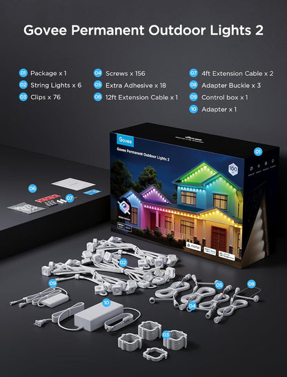 Govee Permanent Outdoor Lights 2, 100ft RGBIC Outdoor Lights with 72 LED Lights, IP67 Waterproof, 100 Scene Modes with 40lm White for Outdoor Decorations, Works with Alexa, Google Assistant, White