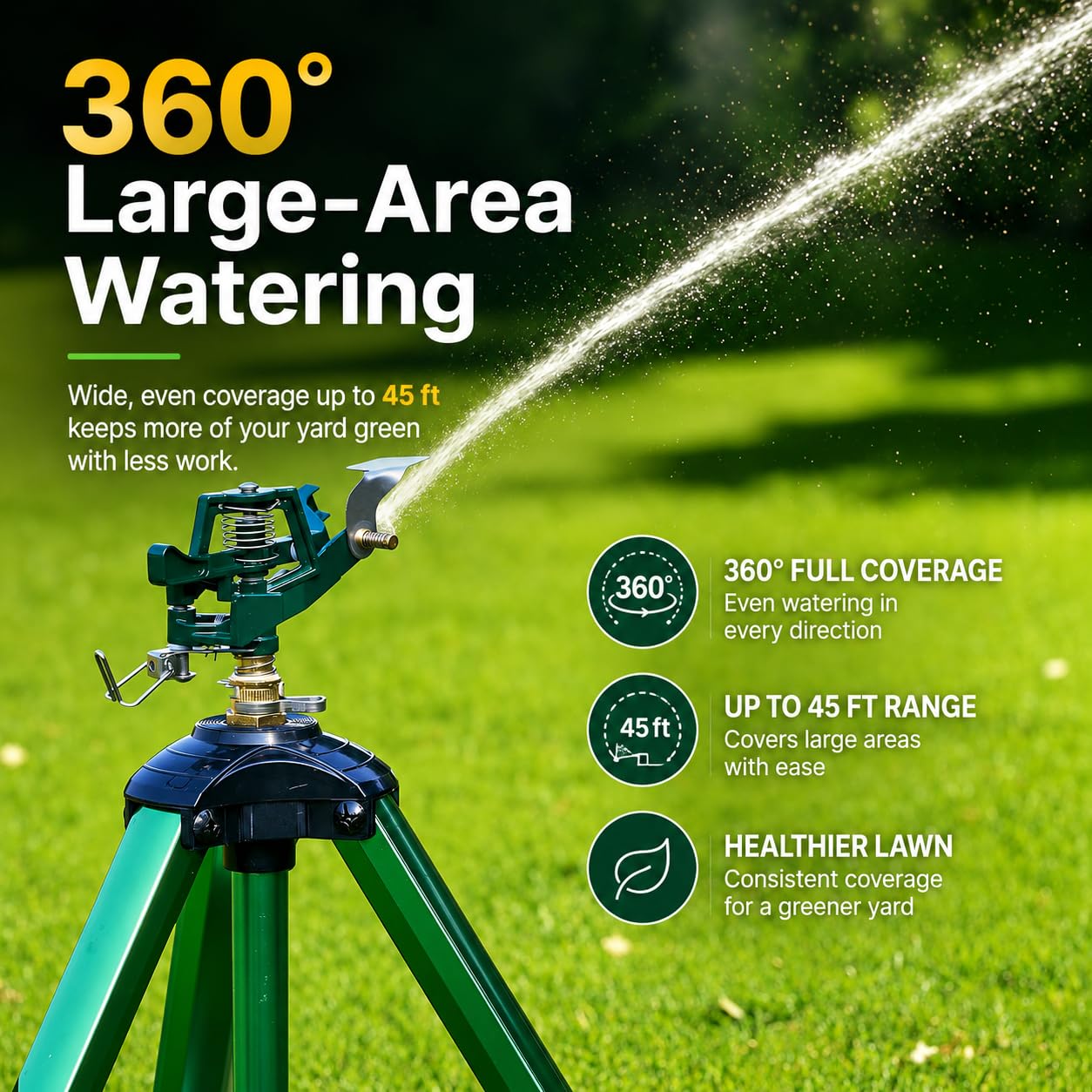 Sprinklers for Yard, Up to 50% Larger Watering Coverage, 2026 Heavy-Duty Impact Lawn Sprinkler on Spike Tripod Base with 360° Large Area Irrigation, Adjustable Extension Legs for Garden Lawn, Green