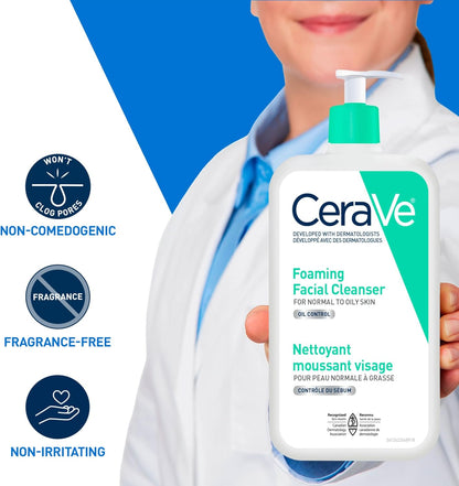 CeraVe Schäumendes Reinigungsgel, Sanfte Gesichtsreinigung mit Hyaluronsäure, Niacinamid, Ceramiden. Make-up-Entferner für fettige Haut, verstopft die Poren nicht. Öl- und Talgkontrolle. Nicht komedogen, empfindliche Haut, Männer & Frauen, 562ML