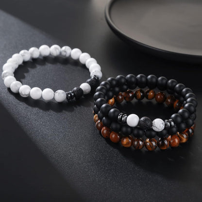 Tigerauge Armband für Herren 8MM Natursteinperlen Armband Set Stretch Lava Stein Armbänder Verstellbares Schwarzes Kristallperlenarmband für Herren Damen Geschenke