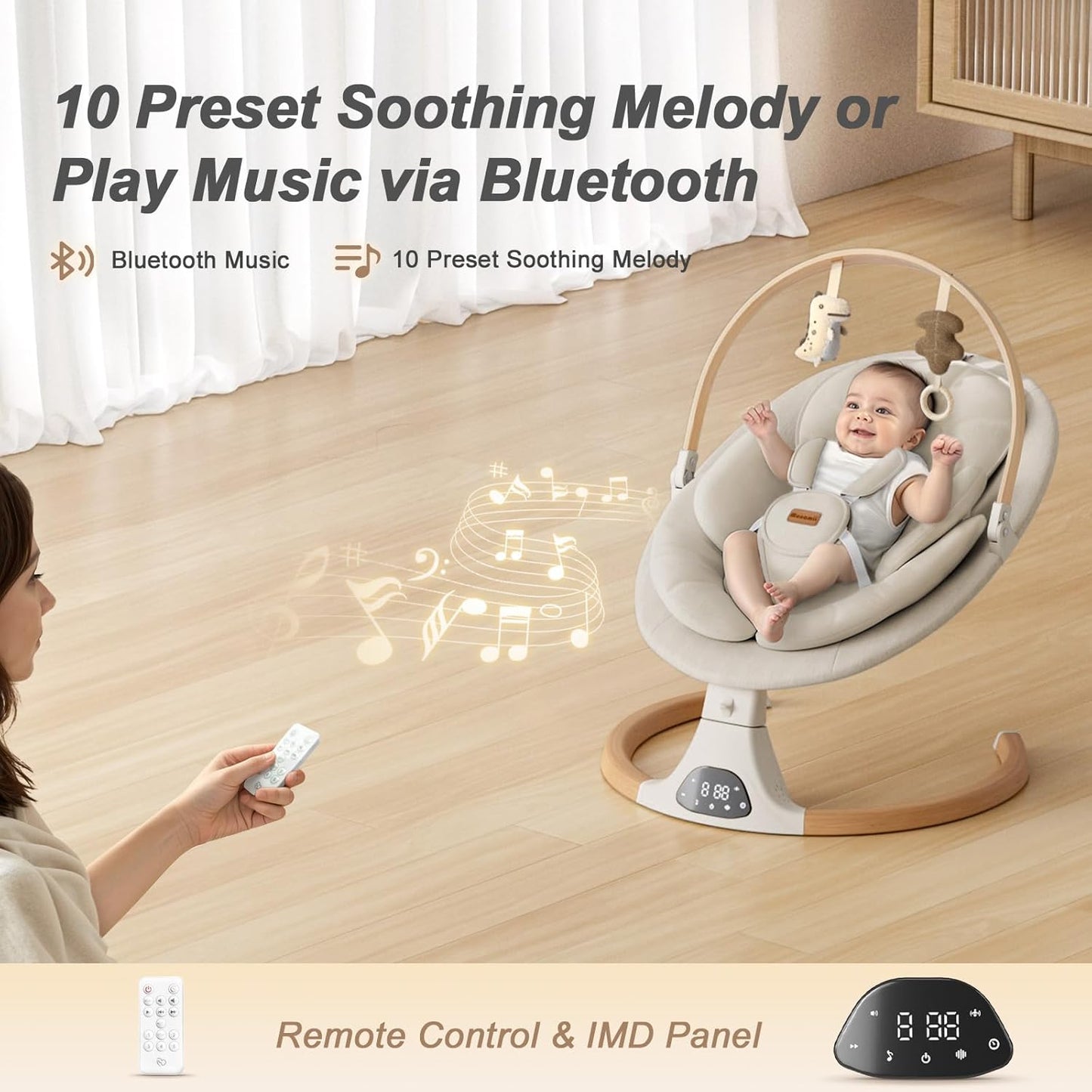 Babyschaukel für Säuglinge, Monamii Babyschaukel, Bluetooth-Babyschaukel mit Musiklautsprecher, 5 Geschwindigkeiten und Fernbedienung, elektrische Babyschaukel, tragbare Babyschaukel, für drinnen und draußen (Hellbeige)