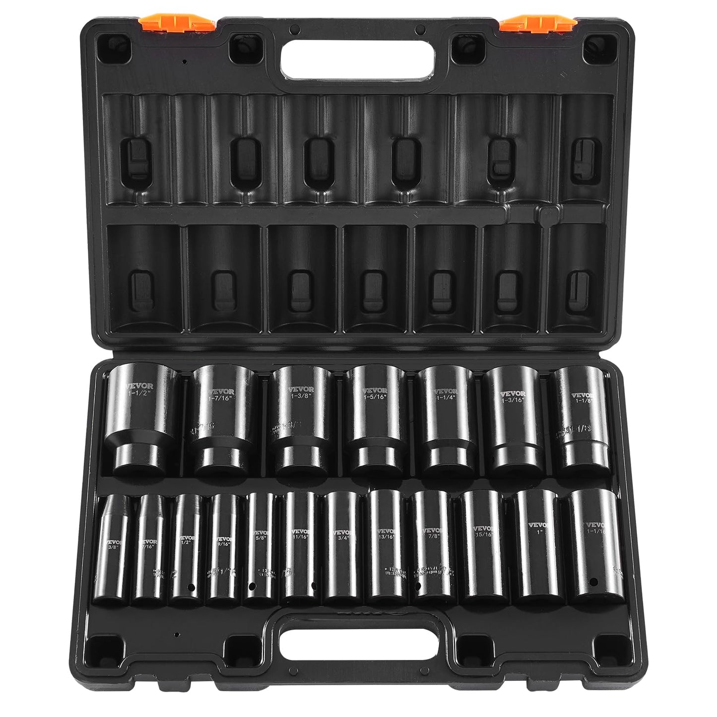 VEVOR 91-Piece 1/2" Drive Impact Socket Set, SAE (5/16" to 1-1/4") & Metric (8 to 32 mm), CR-V, Deep & Shallow, 6 Point, Ratchet Handle, Universal Joint, Adapters, Extension Bars (3, 5, 10 in)