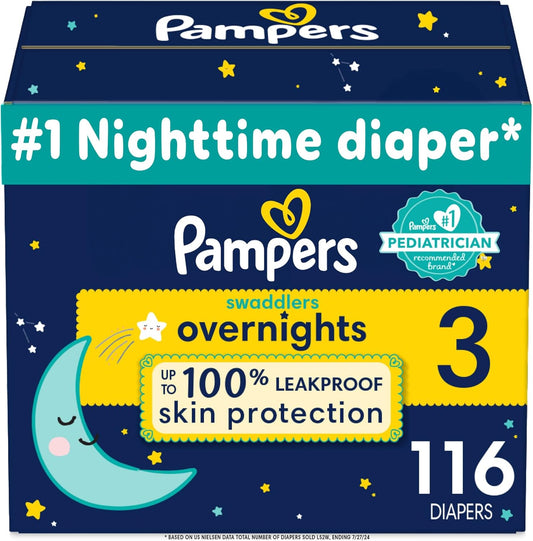 Pampers ZZZ Overnight Diapers, Size 3 (16-28 lbs), 116 Count, Nighttime Protection Disposable Baby Diaper