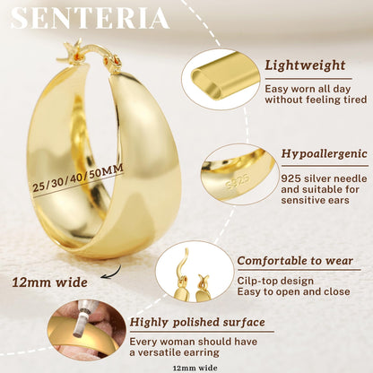 Senteria Dicke, klobige, vergoldete Creolen für Frauen, hypoallergene, 14K vergoldete Creolen, leichte, große goldene Creolen für Frauen, 30 MM