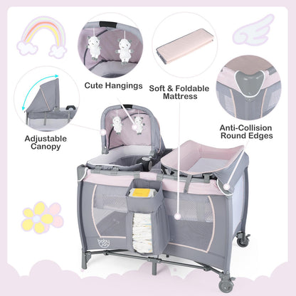 BABY JOY 5 in 1 Pink Pack and Play, Portable Baby Playard with Bassinet & Changing Table, Infant Pink Girl Bassinet Center w/Hangings & Music & Oxford Bag for Baby Toddlers (Rose, Dot Circle)