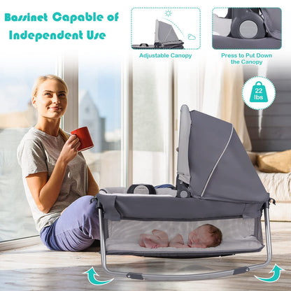 BABY JOY 5 in 1 Pink Pack and Play, Portable Baby Playard with Bassinet & Changing Table, Infant Pink Girl Bassinet Center w/Hangings & Music & Oxford Bag for Baby Toddlers (Rose, Dot Circle)