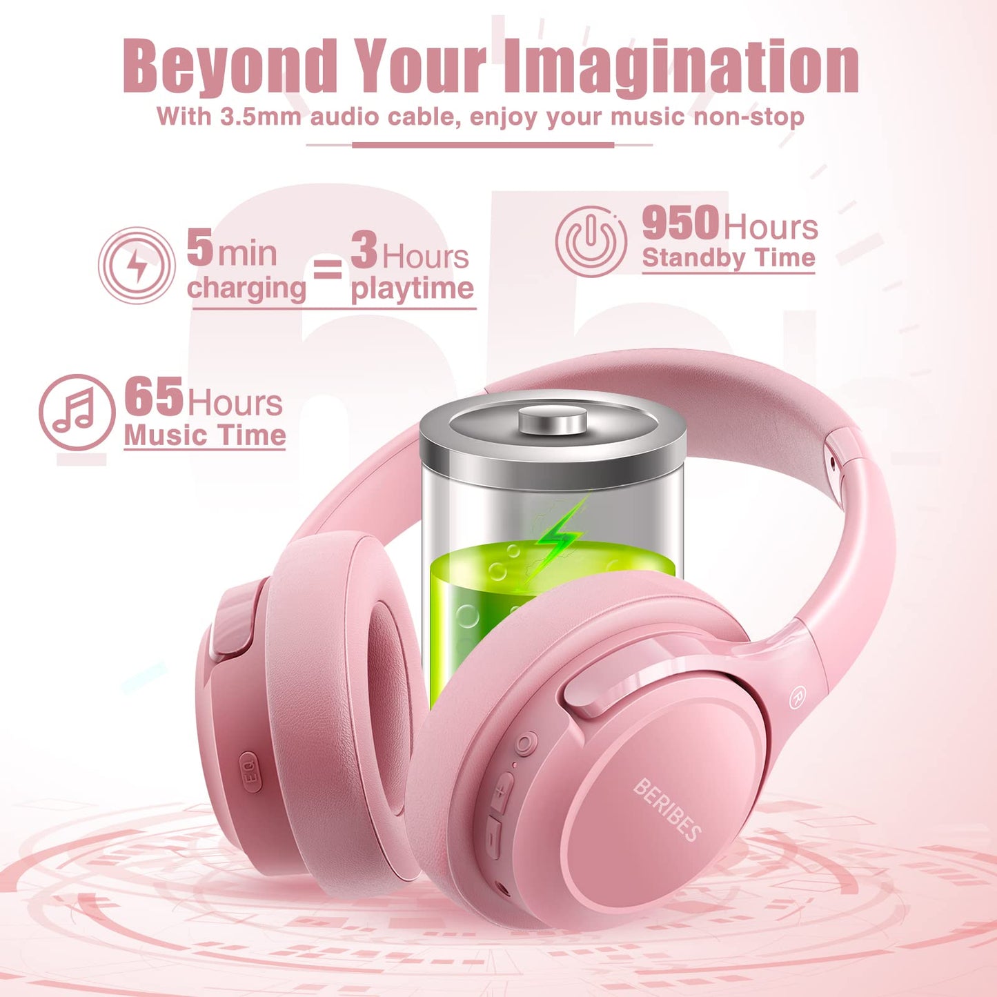 Auriculares Bluetooth BERIBES de diadema, 65H de reproducción y 6 modos de ecualización Auriculares inalámbricos con micrófono, auriculares plegables ligeros HiFi estéreo, graves profundos para oficina en casa, teléfono móvil, PC, etc.