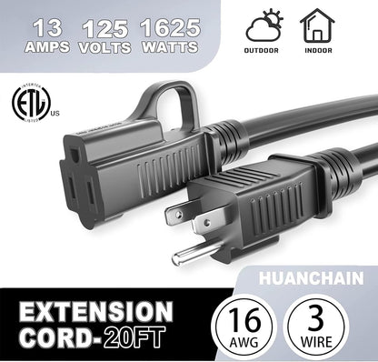 HUANCHAIN Indoor Outdoor Black Extension Cord 25 ft Waterproof, 16/3 Gauge Flexible Cold-Resistant Appliance Cable Outside, 13A 1625W 16AWG SJTW, 3 Prong Electric Cord, ETL