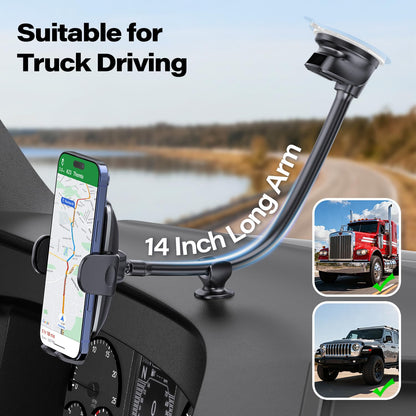APPS2Car 14'' Gooseneck Car Phone Holder,Heavy Duty Phone Holder for Truck, [Flexibile Long Arm] [Anti Shake stabilizer] Windshield Car Phone Mount Suction Cup,Fit for iPhone, Samsung (Mirror Black)