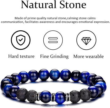 Tigerauge Armband für Herren 8MM Natursteinperlen Armband Set Stretch Lava Stein Armbänder Verstellbares Schwarzes Kristallperlenarmband für Herren Damen Geschenke