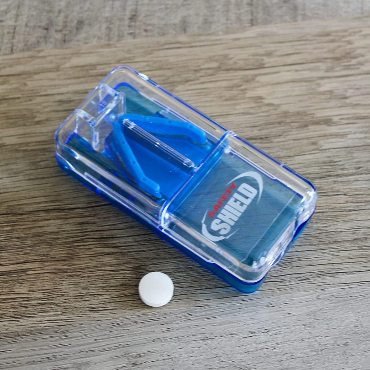 Ezy Dose Pill Cutter and Splitter with Dispenser | Cuts Pills, Vitamins, Tablets | Safety Shield Blade | Travel Sized | Pack of 6
