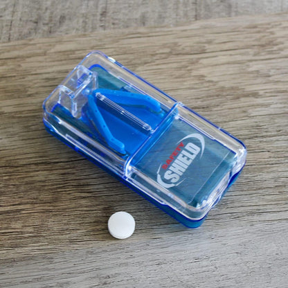 Ezy Dose Pill Cutter and Splitter with Dispenser | Cuts Pills, Vitamins, Tablets | Safety Shield Blade | Travel Sized | Pack of 6