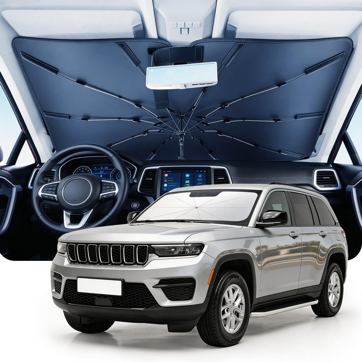 DMJN Umbrella Windshield Sun Shade for Jeep Grand Cherokee (2011-2026), Car Sunshade for Front Windshield [Nano Ice-Crystal Coatings] UPF50+ Heat & UV Block, Protect Interior & Keep Cooler
