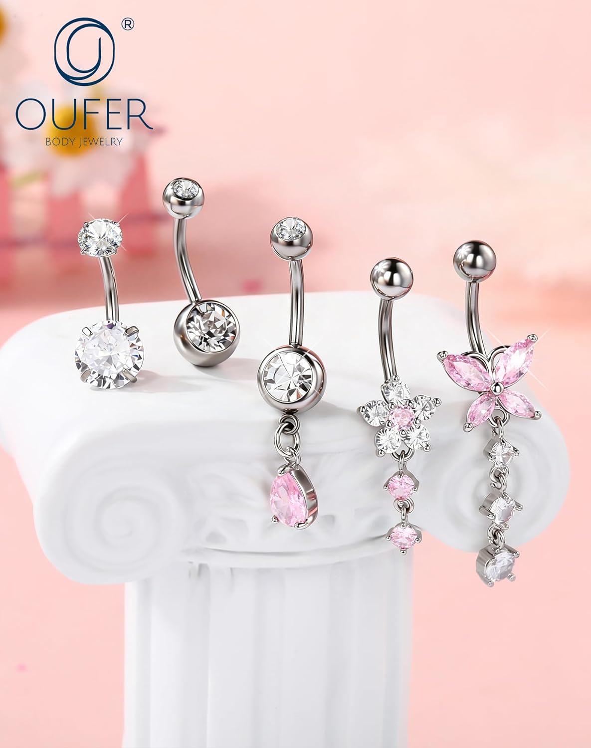 OUFER 5x Bauchnabelpiercings baumelnd – 14G Chirurgischer Stahl Bauchnabelpiercing, Hypoallergener Bauchnabelring mit Zirkonia Schmetterling Blume Tropfen Langhantel für Strand, Festival, Fitnessstudio