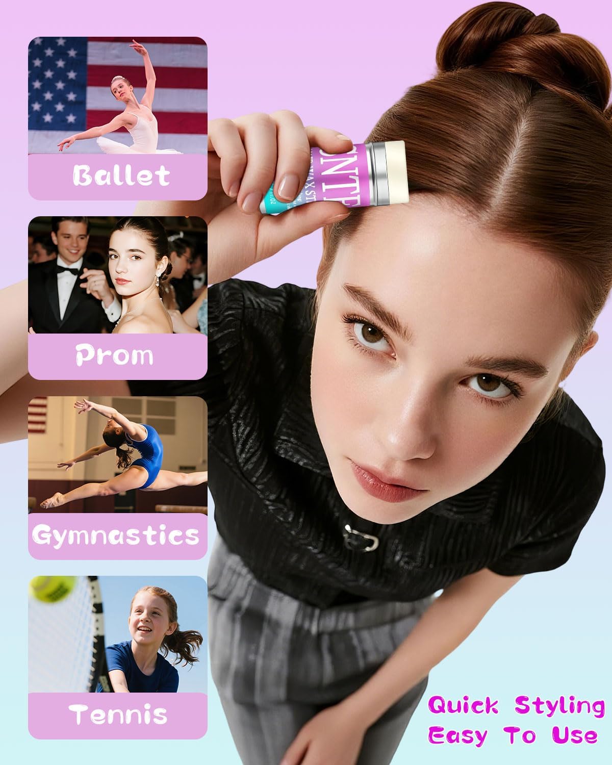 Haarbürste für Sleek-Look, Haarwachs-Stick für glatte abstehende Haare, gegen Frizz, für elegante Pferdeschwänze, Dutts – Gel, Pomade, Balsam-Stick für Frauen – Styling-Accessoires für Mädchen, Kinder