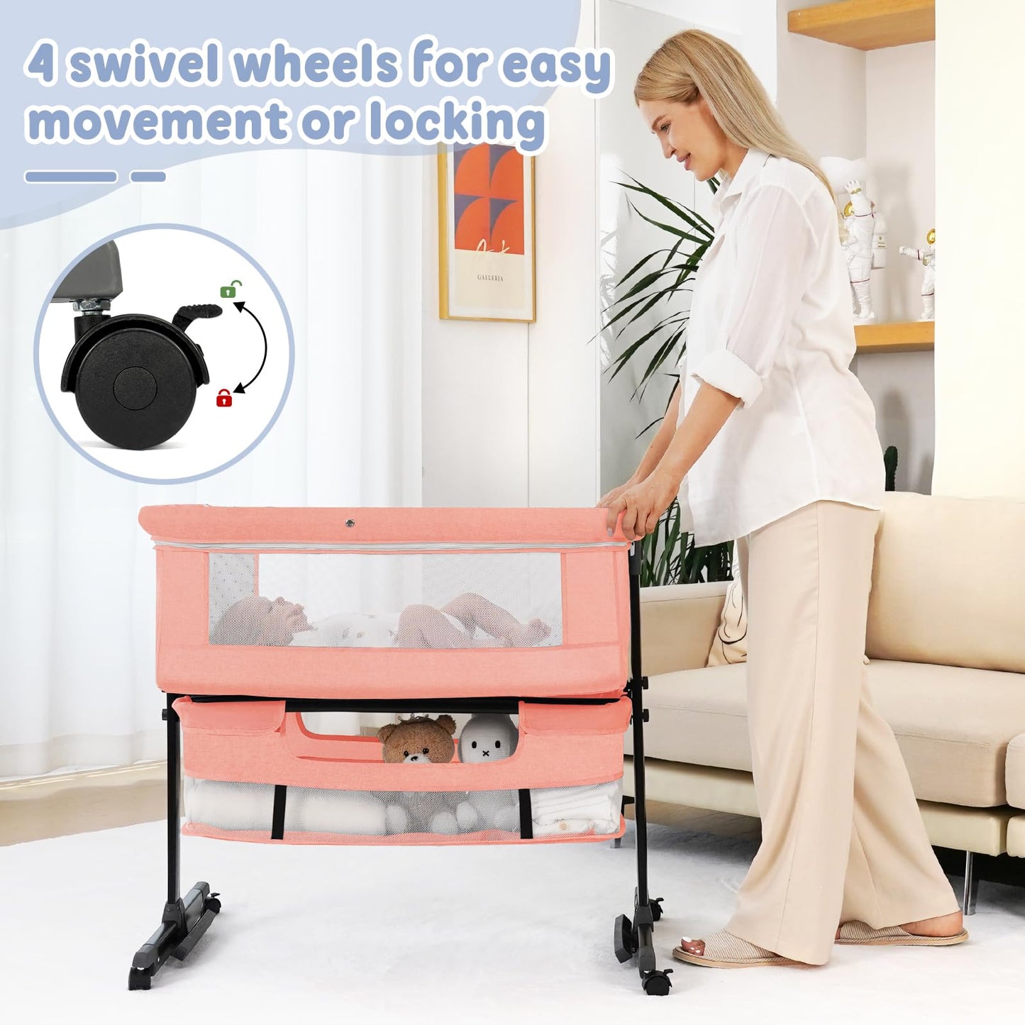 Semphis Baby Bassinet, 3 in 1 Bassinets Bedside Sleeper, Adjustable Height Bedside Sleeper with Rocking Mode, Breathable Mesh, Storage Basket, Wheels, Easy Assemble & Folding (Gray)