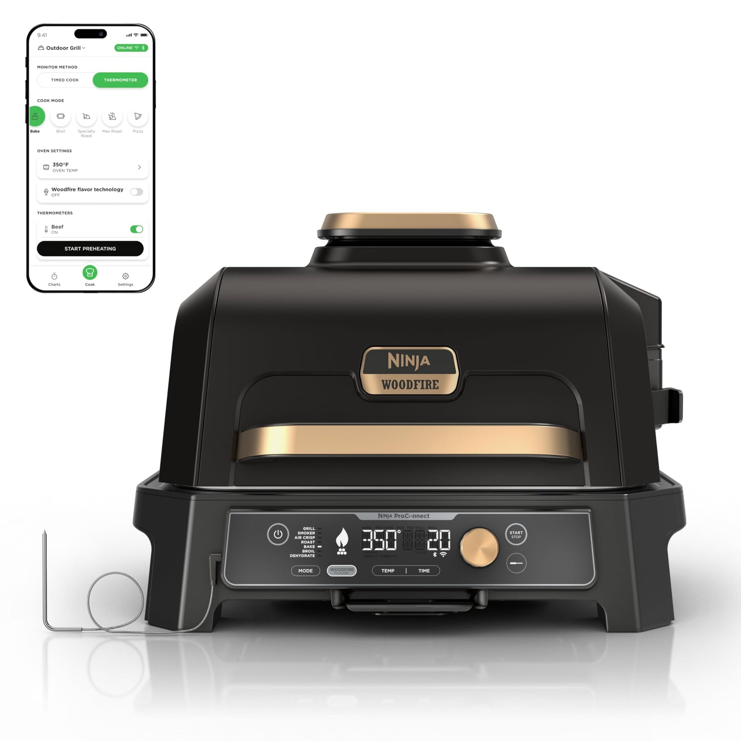 Ninja Woodfire Pro Connect XL Outdoor Grill & Smoker | Bluetooth, App Enabled | 7-in-1 Grill, BBQ Smoker, Outdoor Air Fryer | Woodfire Technology | Built-In Thermometer | Blue & Gold| OG951BL1
