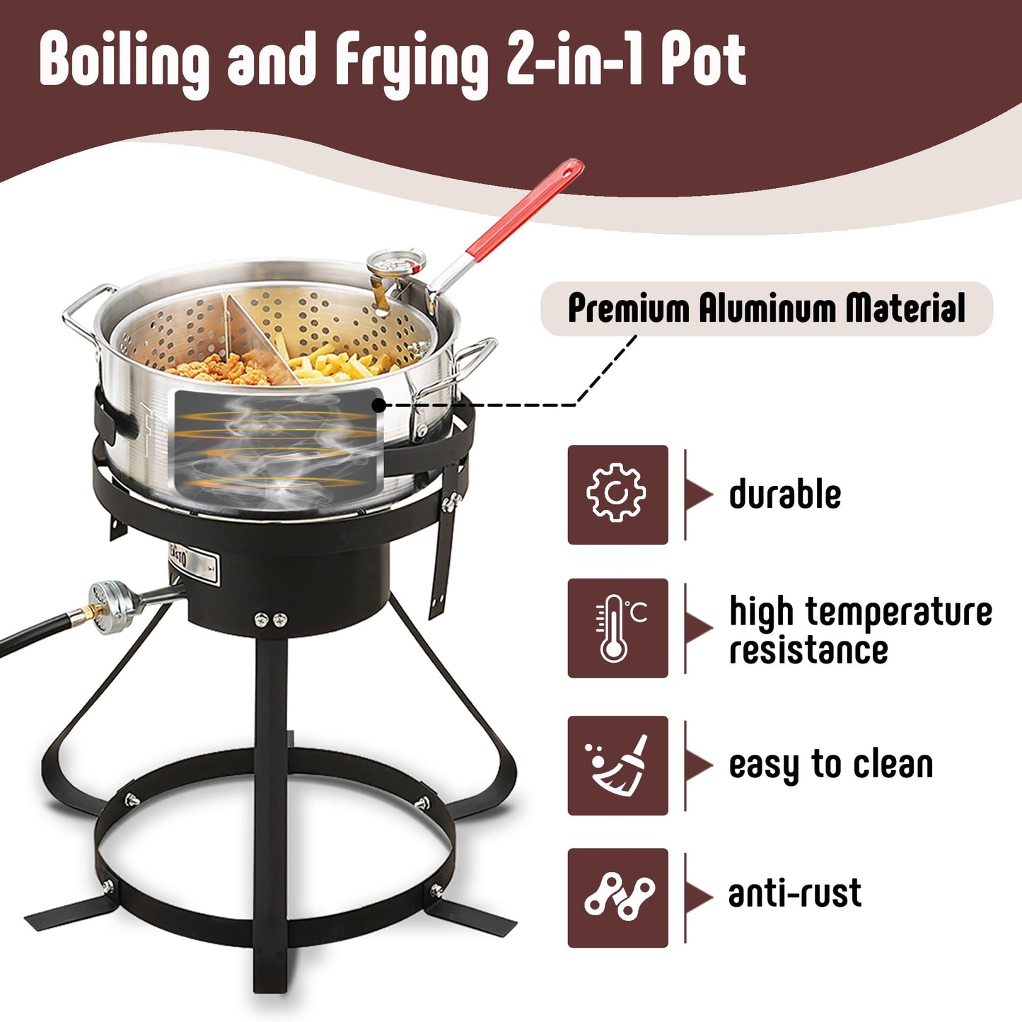 Feasto 10 Qt Outdoor Propane Gas Fish Fryer Pot Kit with Strainer Basket | Aluminum, 50,000 BTU Burner, Adjustable 0-5 PSI Regulator, Perfect for Boiling and Frying