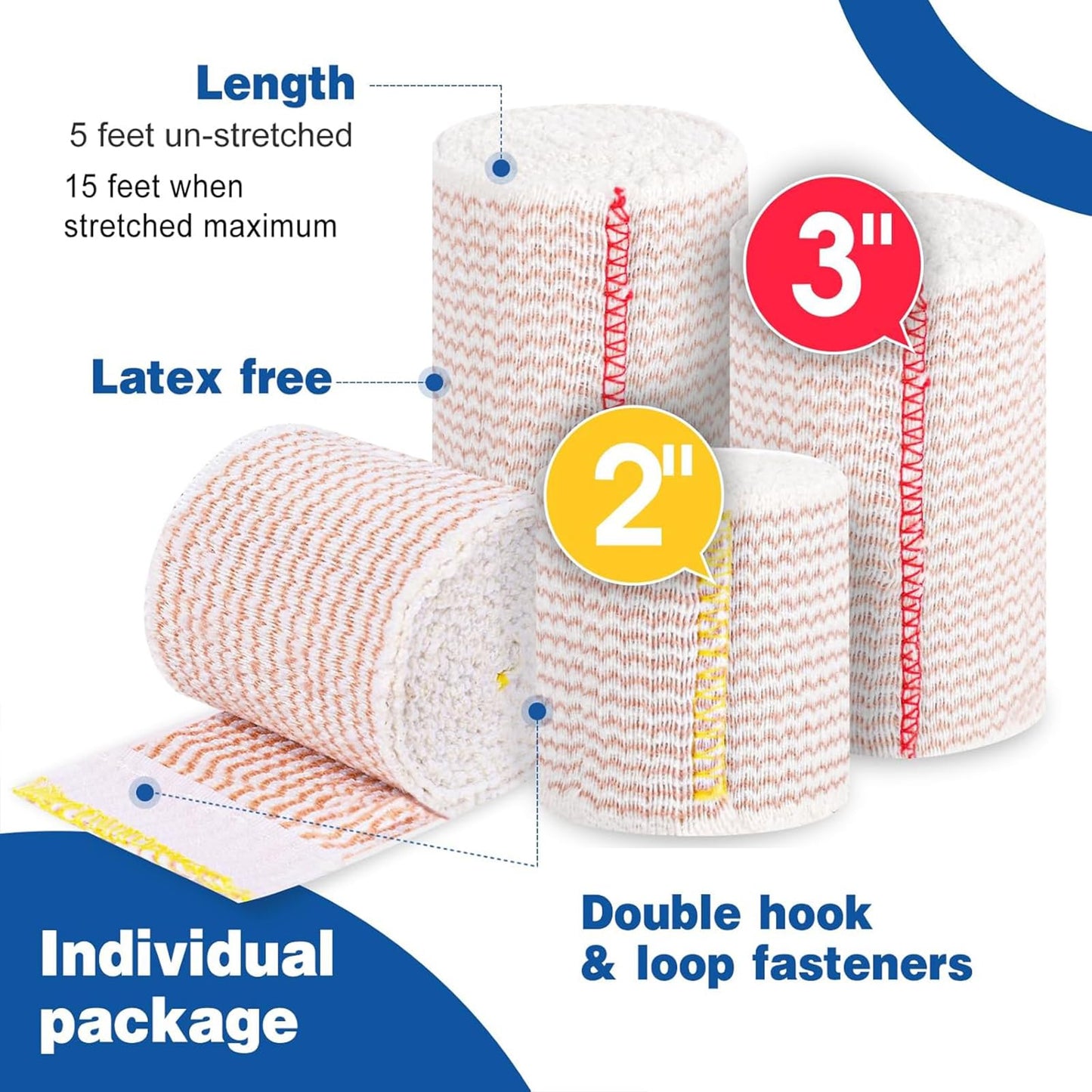 AZEN Premium 8 Pack Elastic Bandage Wrap (2x2", 2x3", 2x4", 2x6"), Compression Wrap Bandage for Legs, Ankle, Knee, Tummy, Body, Latex-Free, Lymphedema Wraps for Legs