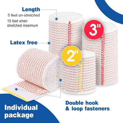 AZEN Premium 8 Pack Elastic Bandage Wrap (2x2", 2x3", 2x4", 2x6"), Compression Wrap Bandage for Legs, Ankle, Knee, Tummy, Body, Latex-Free, Lymphedema Wraps for Legs