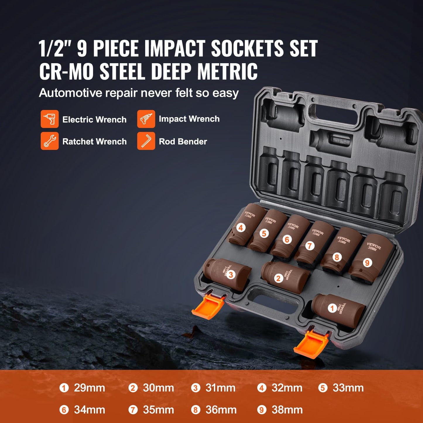 VEVOR 91-Piece 1/2" Drive Impact Socket Set, SAE (5/16" to 1-1/4") & Metric (8 to 32 mm), CR-V, Deep & Shallow, 6 Point, Ratchet Handle, Universal Joint, Adapters, Extension Bars (3, 5, 10 in)