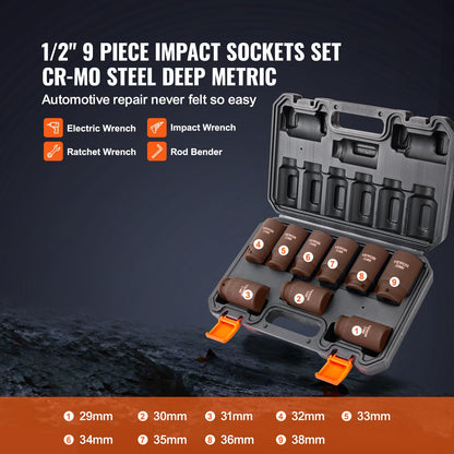 VEVOR 91-Piece 1/2" Drive Impact Socket Set, SAE (5/16" to 1-1/4") & Metric (8 to 32 mm), CR-V, Deep & Shallow, 6 Point, Ratchet Handle, Universal Joint, Adapters, Extension Bars (3, 5, 10 in)