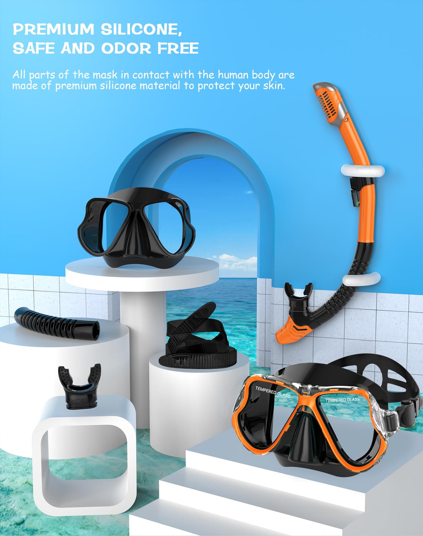 Greatever Dry Snorkel Set,Panoramic Wide View Anti-Fog Scuba Diving Mask,Professional Snorkeling Gear for Adults Kids