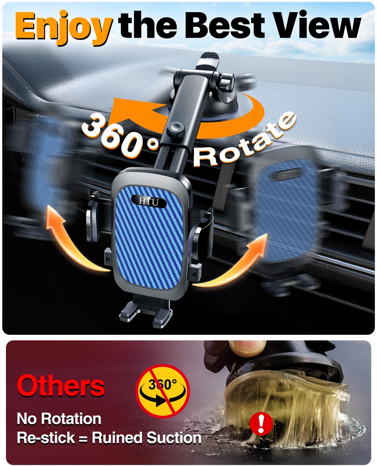 2026 Ultimate Best【True Military-Grade & Safety Cert】Car Phone Holder HTU【Upgraded 360 Rotation & 100+LBS Strongest Suction】5-in-1 Truck Windshield Dashboard Vent Mount Stand for iPhone Android, Black