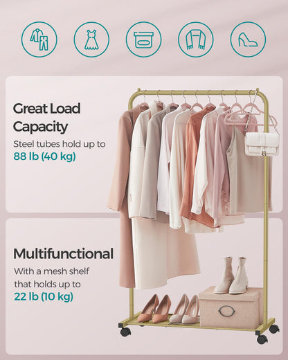 SONGMICS Clothes Rack with Wheels, Clothing Rack for Hanging Clothes, 25.4 mm Metal Garment Rack with Dense Mesh Storage Shelf, 110 lb Load Capacity, 2 Brakes, Black UHSR25BK