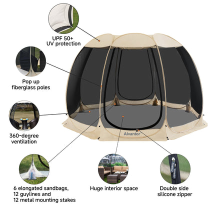 Alvantor Pop Up Screen House Tent, Instant Outdoor Gazebo with Mosquito Netting & UPF 50+ Sun Protection, Portable Canopy Shelter for Patio, Backyard, Camping (2-10 Person)