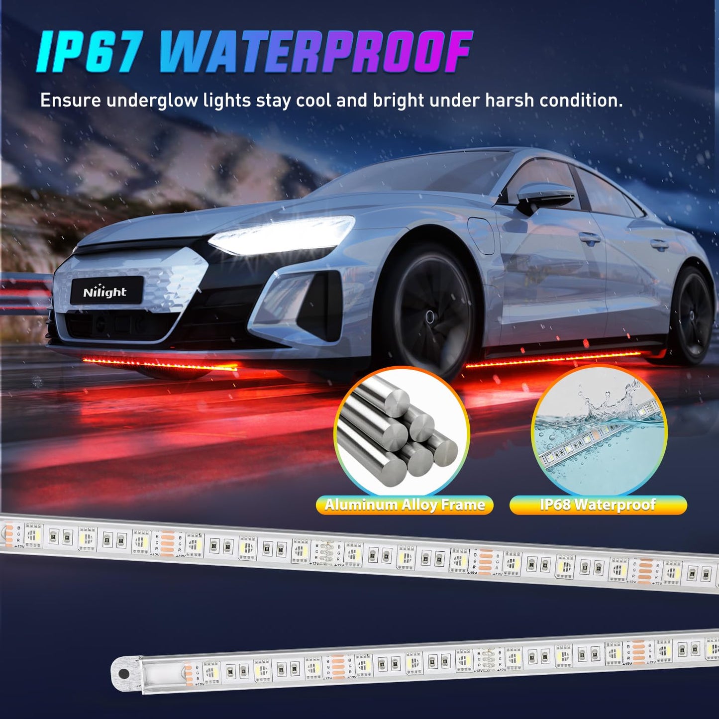 Nilight 4Pcs Car Underglow Neon Accent Strip Lights 252 LEDs RGB 8 Color Sound Active Function Music Mode with Wireless Remote Control Underbody Light Strips for Cars Van SUV Truck
