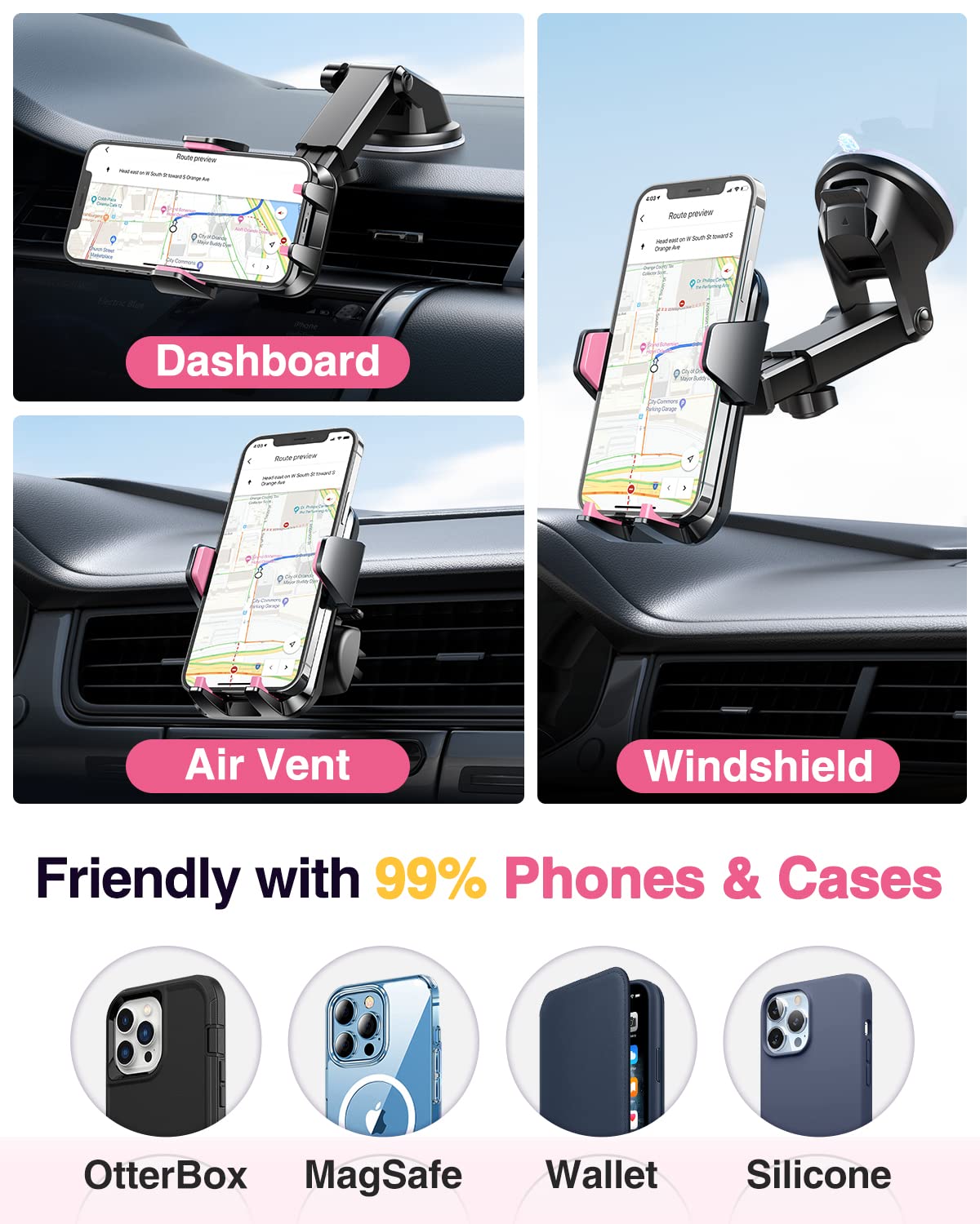 VANMASS【85+LBS Strongest Suction & Military-Grade Ultimate Car Phone Mount【Patent & Safety Certs】 Cell Phone Holder for Dash Windshield Vent for iPhone 17 Pro Max Automobile Accessory Kits,Ink Black