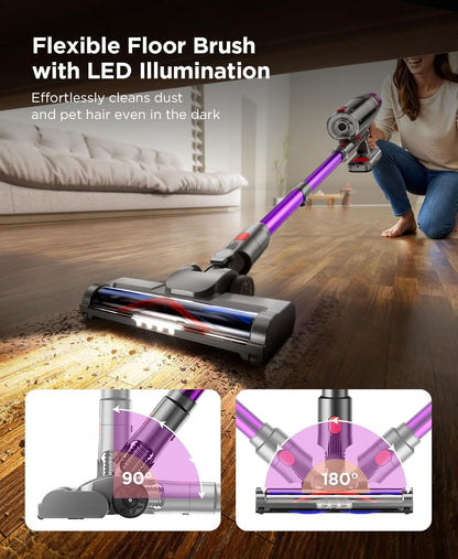 MQDXE Cordless Stick Vacuum Cleaner: 550W Powerful Suction, LED Display, 55 Min Runtime, Anti-Tangle Brush, Rechargeable Battery, Lightweight for Home, Pet Hair, Hard Floors, Carpet