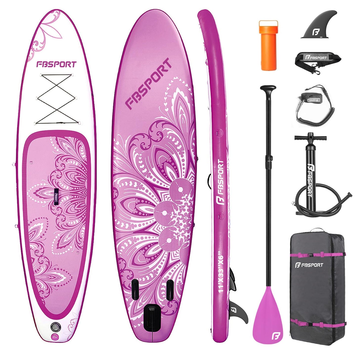 FBSPORT 11' Premium Stand Up Paddle Board, Yoga Board with SUP Accessories & Carry Bag | Wide Stance, Surf Control, Non-Slip Deck, Leash, Paddle and Pump for Youth & Adult