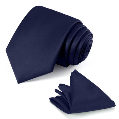 JUNMEISI Black Tie Set in Gift Box Mens Solid Color 3.15" (8CM) Black Necktie and Pocket Square Set