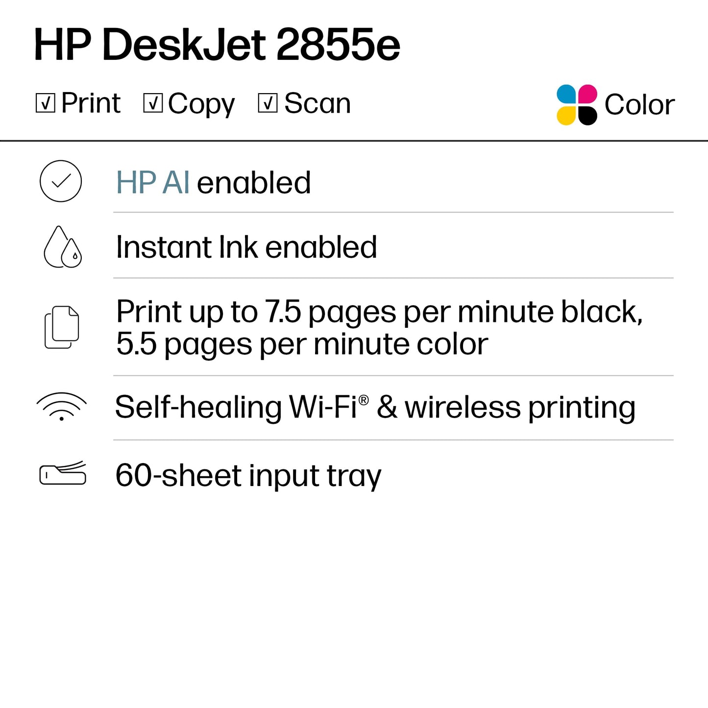 HP DeskJet 2855e kabelloser All-in-One Farb-Tintenstrahldrucker, Scanner, Kopierer, ideal für zu Hause, 3 Monate Instant Ink inklusive, Single-Band Wi-Fi Konnektivität (588S5A)