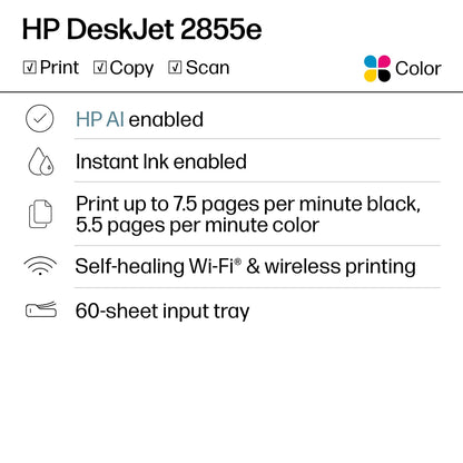 HP DeskJet 2855e kabelloser All-in-One Farb-Tintenstrahldrucker, Scanner, Kopierer, ideal für zu Hause, 3 Monate Instant Ink inklusive, Single-Band Wi-Fi Konnektivität (588S5A)