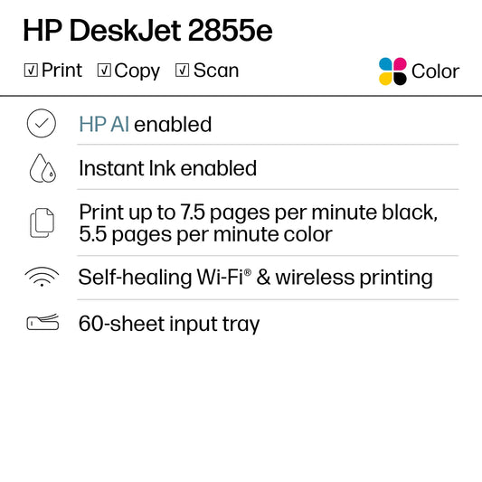 HP DeskJet 2855e Wireless All-in-One Color Inkjet Printer, Scanner, Copier, Best-for-home, 3 months of Instant Ink included, Single-band Wi-Fi connectivity (588S5A)