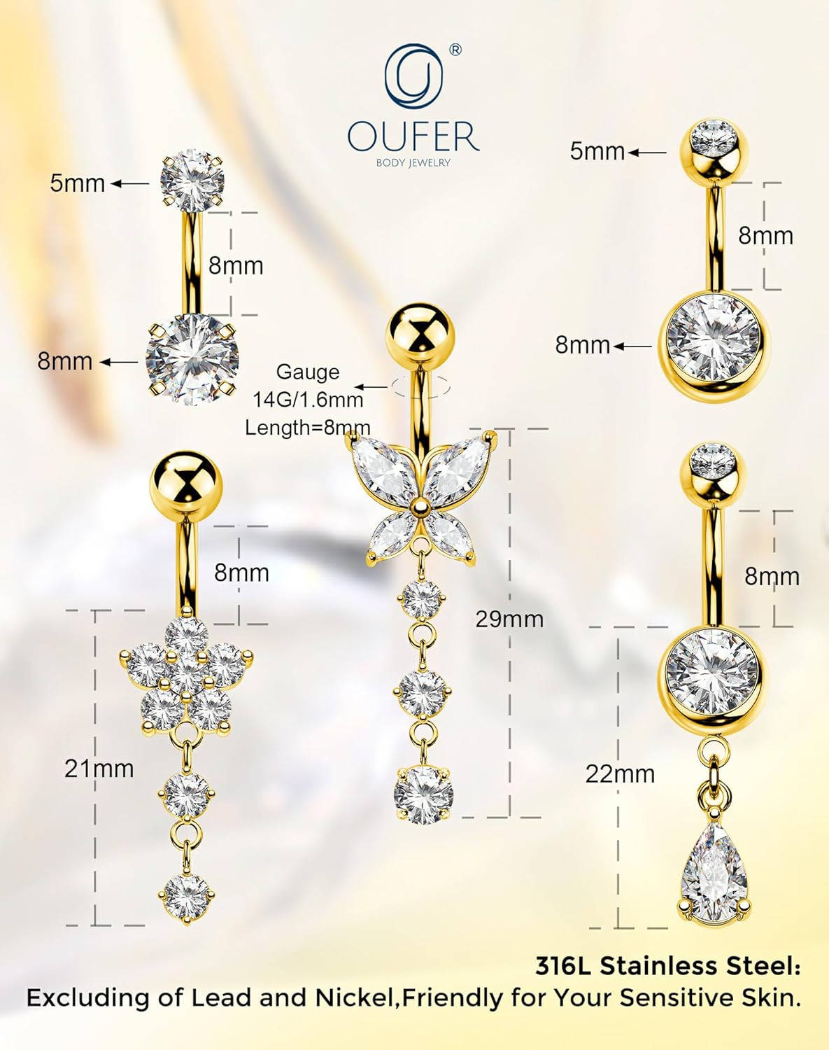 OUFER 5x Bauchnabelpiercings baumelnd – 14G Chirurgischer Stahl Bauchnabelpiercing, Hypoallergener Bauchnabelring mit Zirkonia Schmetterling Blume Tropfen Langhantel für Strand, Festival, Fitnessstudio