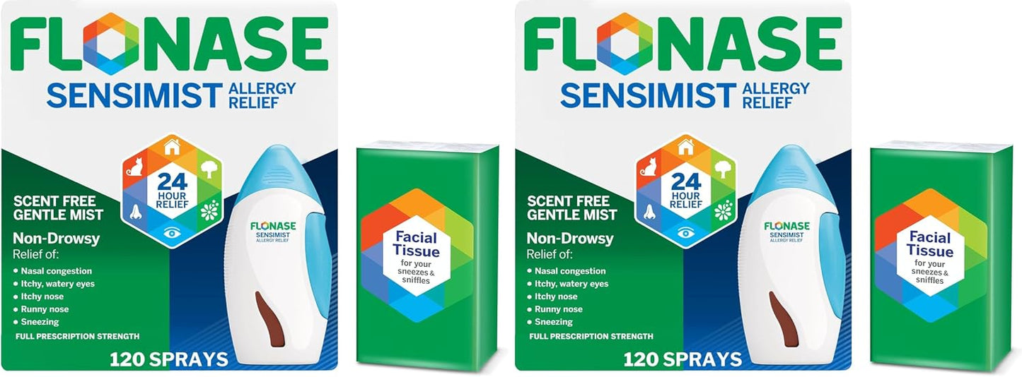 Flonase Sensimist Allergy Relief Nasal Spray - Non-Drowsy 24HR Long Lasting Allergy Relief with Fine, Scent-Free Mist - 120 Sprays Plus Bonus Pack of Tissues (Pack of 2)