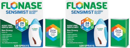 Flonase Sensimist Allergy Relief Nasal Spray - Non-Drowsy 24HR Long Lasting Allergy Relief with Fine, Scent-Free Mist - 120 Sprays Plus Bonus Pack of Tissues (Pack of 2)