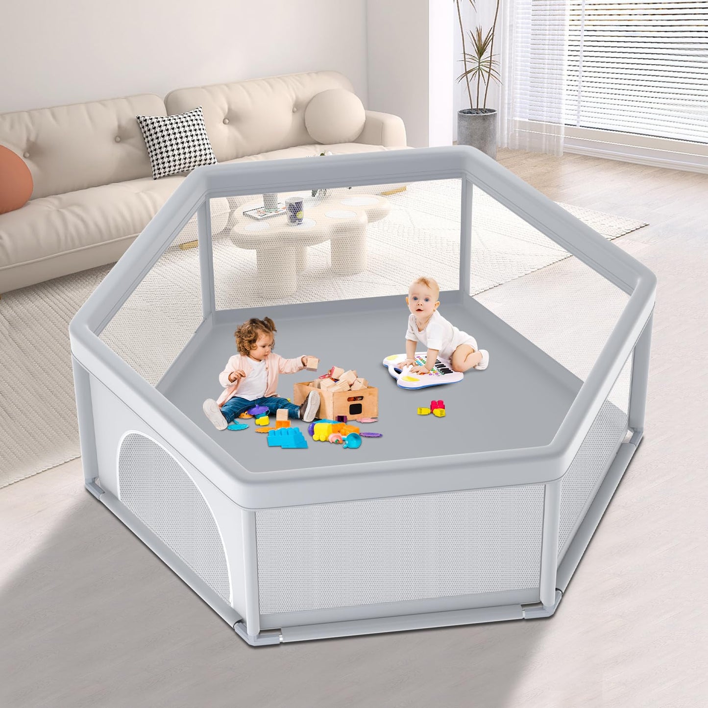 XVISHX 50 x 50 Inch Baby Playpen, Playpen for Babies and Toddlers, Baby Play Pen Playard for Indoor & Outdoor Active Center Game Fence, with Skin-Friendly Fabric and Soft Breathable Mesh, Grey