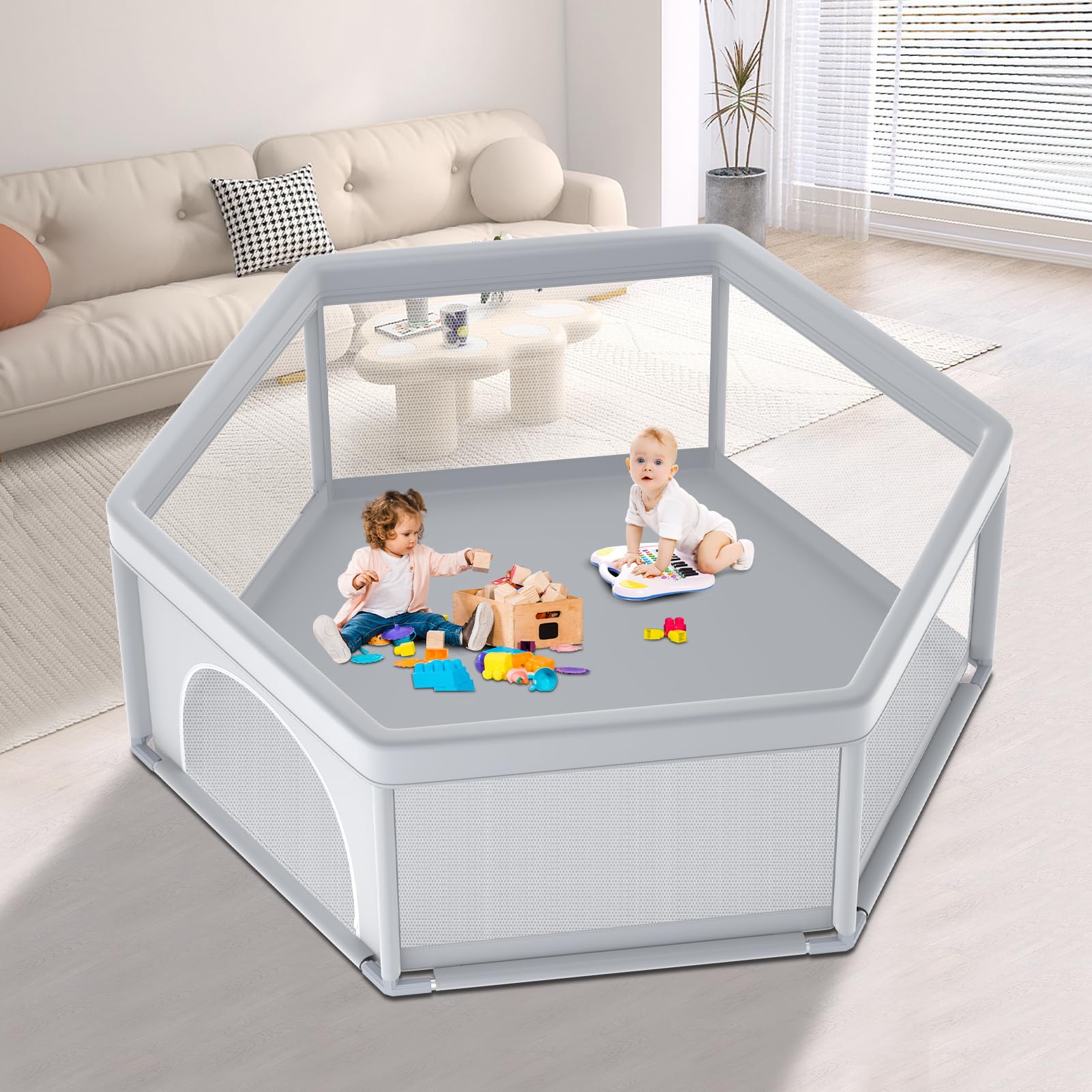 XVISHX 65 x 50 Inch Baby Playpen, Playpen for Babies and Toddlers, Baby Play Pen Playard for Indoor & Outdoor Active Center Game Fence, with Skin-Friendly Fabric and Soft Breathable Mesh, Grey
