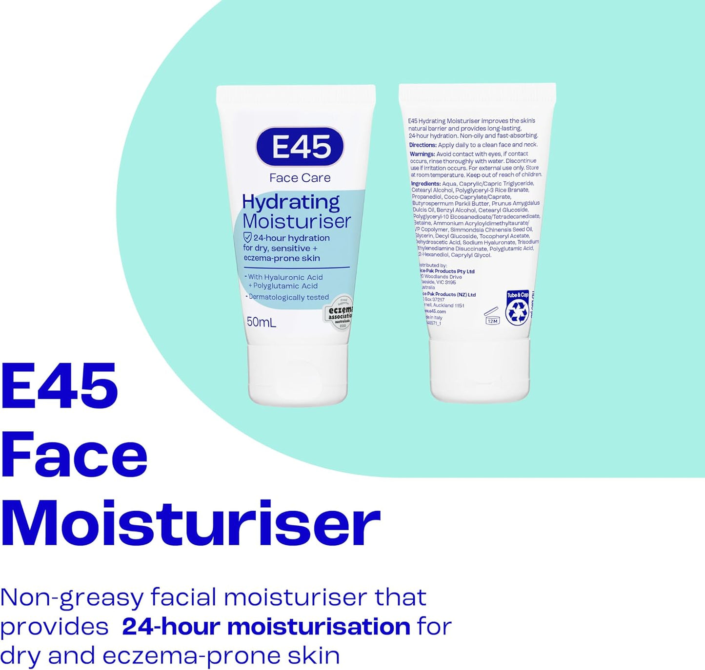 E45 - Face Moisturiser | Long Lasting 24 Hour Hydration | For Dry, Sensitive and Eczema Prone Skin | 50mL