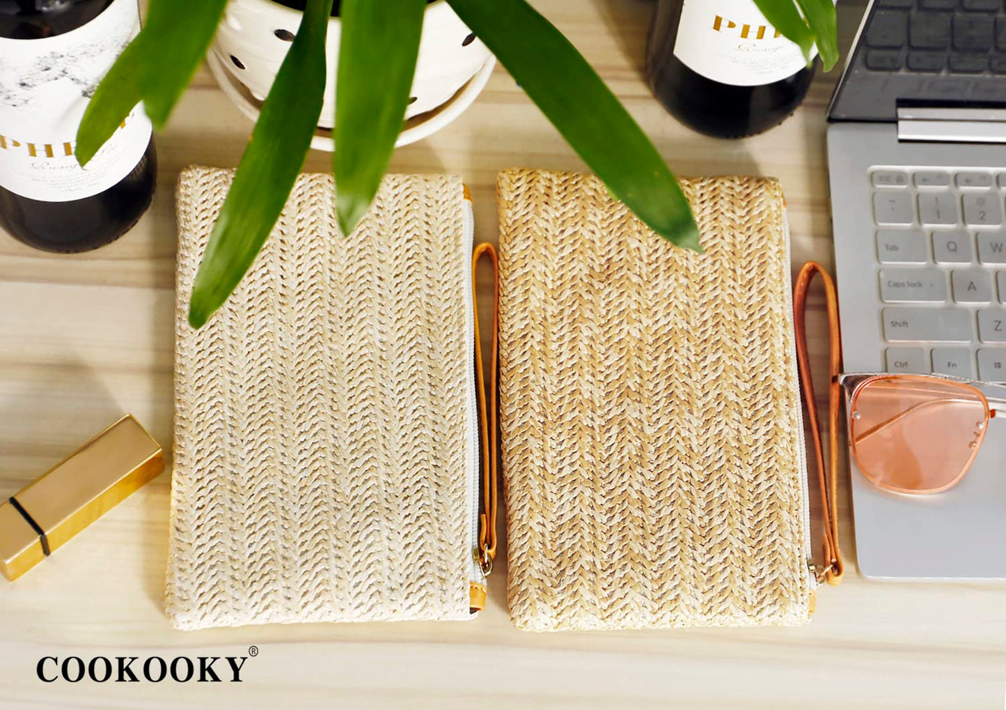COOKOOKY Damen Stroh-Clutch, böhmische Reißverschluss-Handgelenktasche, Sommer Strand Meer Geldbörse (Beige-Weiß)