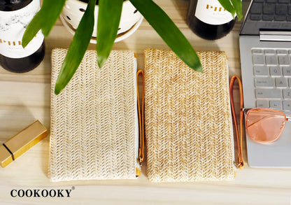 COOKOOKY Damen Stroh-Clutch, böhmische Reißverschluss-Handgelenktasche, Sommer Strand Meer Geldbörse (Beige-Weiß)