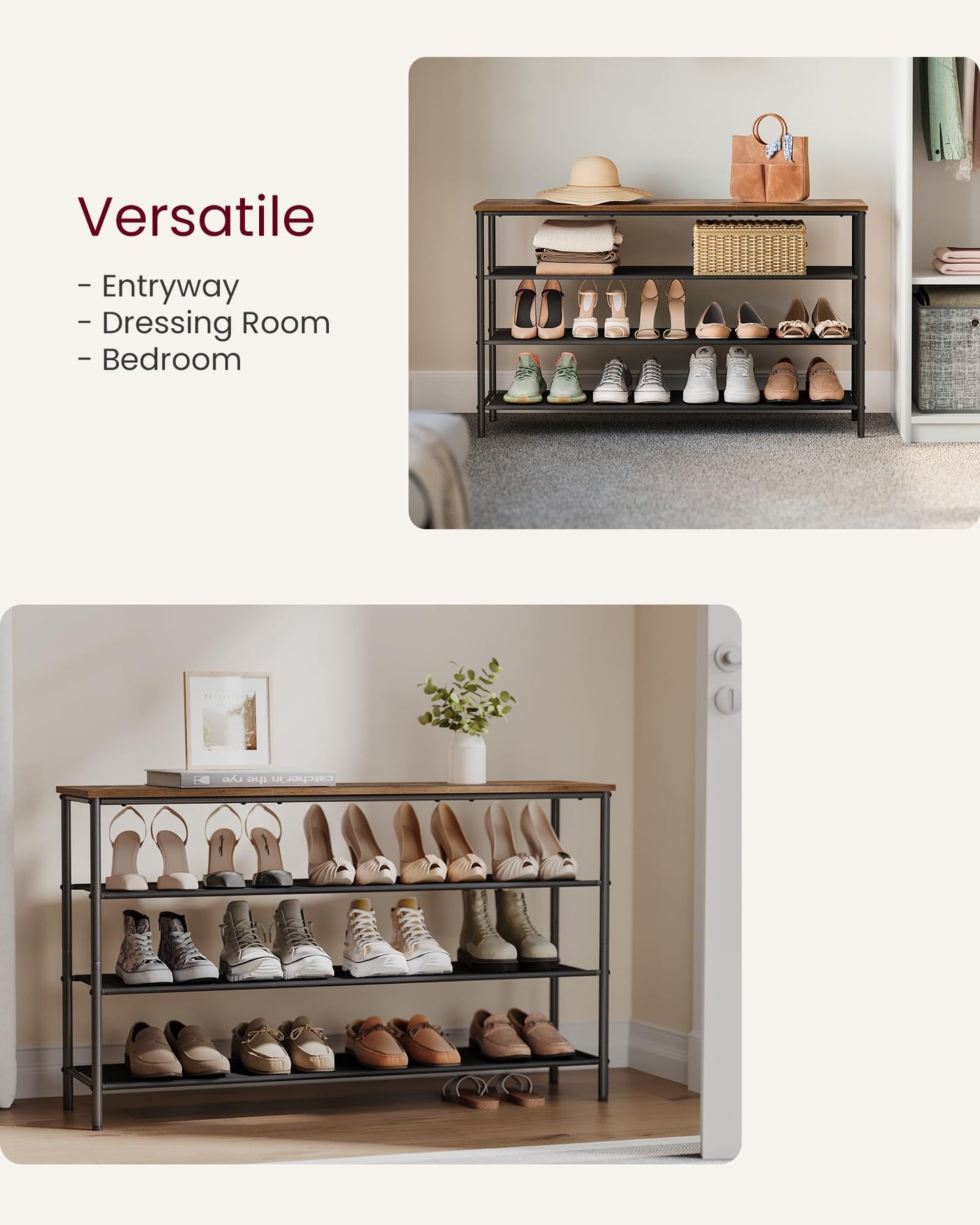VASAGLE Shoe Rack, 4-Tier Shoe Storage Organizer for Entryway and Closet, Holds 9-12 Pairs of Shoes, 3 Fabric Shelves, Steel Frame, Industrial, Rustic Brown and Black ULBS035B01