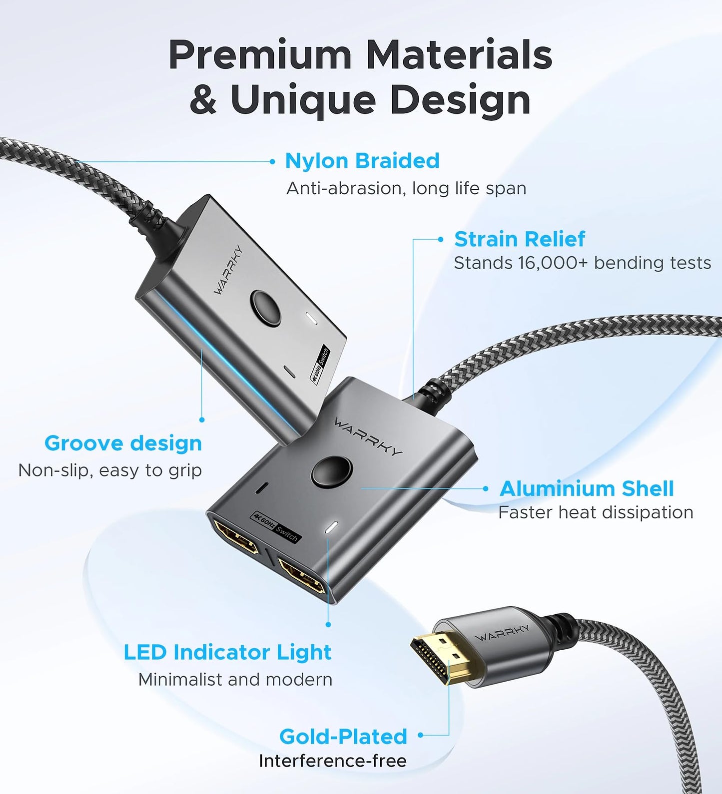 HDMI-Umschalter 2 Eingänge 1 Ausgang 4K@60Hz, WARRKY [mit 1m festem geflochtenen HDMI-Kabel, Aluminiumgehäuse, 2K@144Hz, HDCP 2.2] Bidirektionaler 2x1 Switcher Splitter kompatibel mit PS5/4, Xbox, Roku, FireStick, Switch